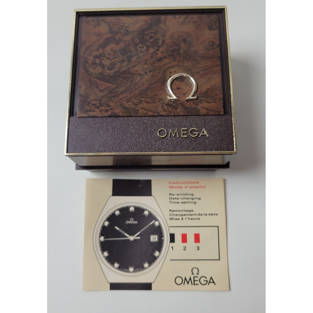Vtg 1970s Omega Watch Box & Instruction Manual 6631/30 Brown Woodgrain 1973